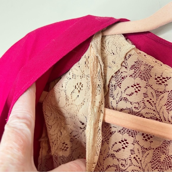 Vintage Pink V Neck Button Front Midi 100% Linen Dress Lace Slip Lining Large - Picture 12 of 15